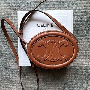 Celine Smooth Calfskin Cuir Triomphe Oval Crossbody Purse in Tan